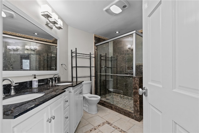 446 Paddock Ln, Bristol, RI 02809 - full bathroom with toilet, a stall shower, double vanity, recessed lighting, and tile patterned floors
