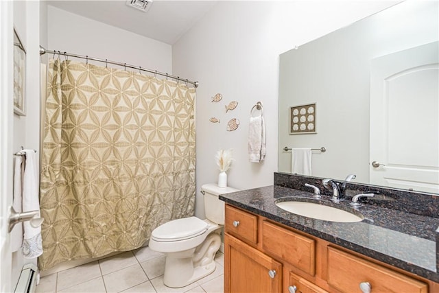 10 Kristin Ct, Coventry, RI 02816 - bathroom with tile patterned floors, vanity, toilet, a baseboard heating unit, and a shower with shower curtain
