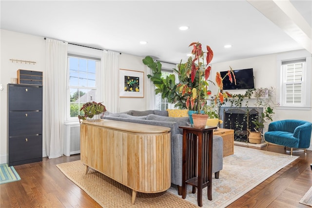 405 Eaton St, Providence, RI 02908 - living room featuring wood finished floors, recessed lighting, and a fireplace with raised hearth