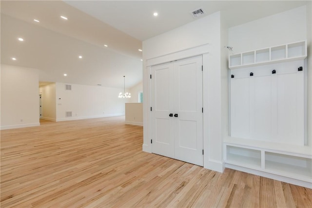 68 Orchard Ave, Johnston, RI 02919 - mudroom with a chandelier, light wood-style floors, recessed lighting, baseboards, and lofted ceiling