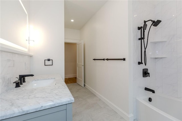 68 Orchard Ave, Johnston, RI 02919 - full bathroom featuring vanity, shower / tub combination, baseboards, marble finish floors, and recessed lighting