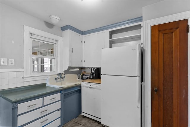 95 George Arden Ave, Warwick, RI 02886 - kitchen featuring white appliances, a sink, open shelves, and white cabinetry