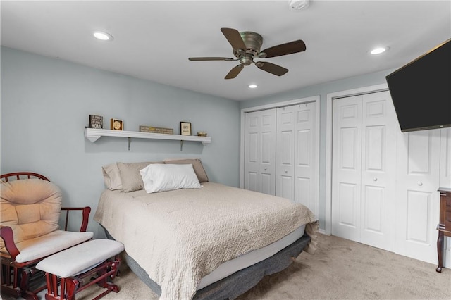 95 George Arden Ave, Warwick, RI 02886 - bedroom featuring multiple closets, light carpet, recessed lighting, and ceiling fan