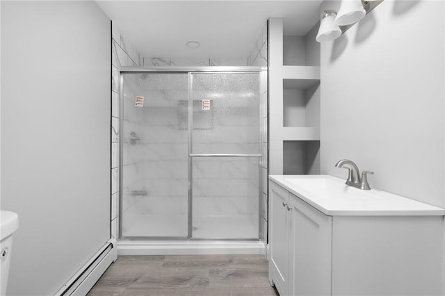 103 Pleasent St, Woonsocket, RI 02895 - full bath with a shower stall, vanity, a baseboard radiator, wood finished floors, and toilet