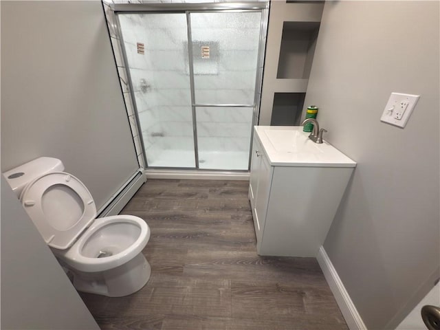 103 Pleasent St, Woonsocket, RI 02895 - full bathroom featuring a baseboard heating unit, toilet, a stall shower, wood finished floors, and vanity