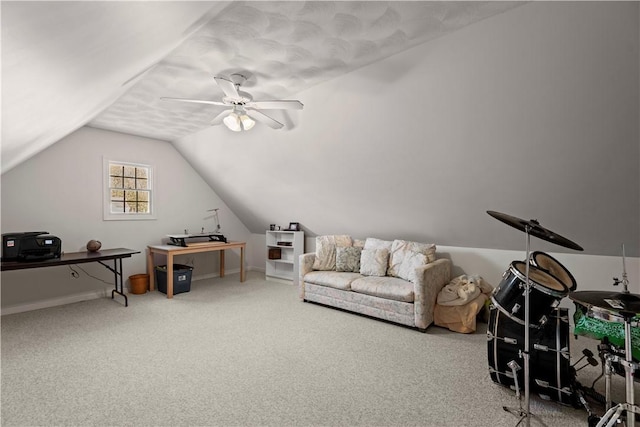 32 Trolley Ln, Westerly, RI 02891 - recreation room with vaulted ceiling, carpet, and a ceiling fan