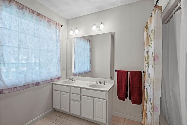 32 Trolley Ln, Westerly, RI 02891 - bathroom featuring double vanity, tile patterned floors, and baseboards
