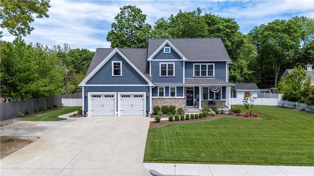 360 Pleasant St, East Providence, RI 02916 - craftsman inspired home featuring concrete driveway, covered porch, a garage, and stone siding