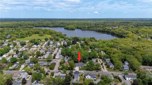 360 Pleasant St, East Providence, RI 02916 - aerial view of property and surrounding area with a heavily wooded area, a nearby body of water, and nearby suburban area