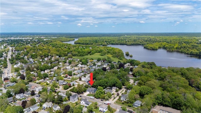 360 Pleasant St, East Providence, RI 02916 - aerial overview of property's location with a large body of water and a heavily wooded area