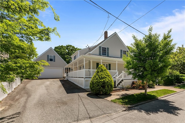 30 First School St, Bristol, RI 02809 - view of front of property with a porch, a detached garage, a chimney, and an outdoor structure