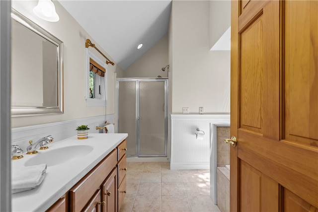 30 First School St, Bristol, RI 02809 - full bath with a wainscoted wall, a shower stall, vanity, vaulted ceiling, and tile patterned floors