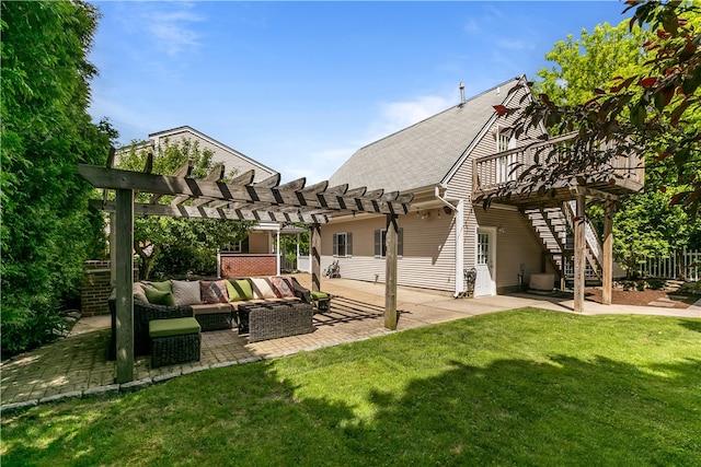 30 First School St, Bristol, RI 02809 - view of green lawn with a pergola, an outdoor hangout area, a patio area, and stairway