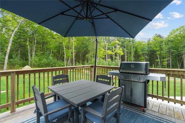 4 Overlook Cir, Coventry, RI 02816 - deck featuring a wooded view, outdoor dining space, a yard, and a grill