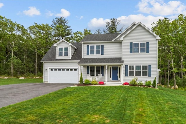 4 Overlook Cir, Coventry, RI 02816 - traditional-style home with asphalt driveway, a porch, a front lawn, and a shingled roof
