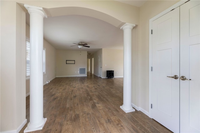 109 Chickadee Ln Unit A24, South Kingstown, RI 02879 - hall with ornate columns, dark wood-style flooring, and baseboards