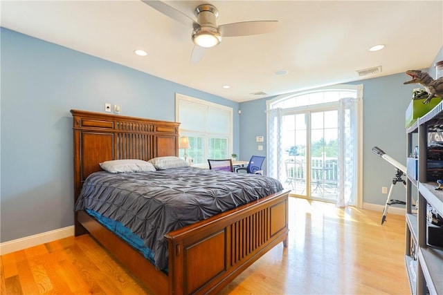 51 Reservoir Rd, Cumberland, RI 02864 - bedroom with access to exterior, baseboards, light wood-style floors, recessed lighting, and ceiling fan