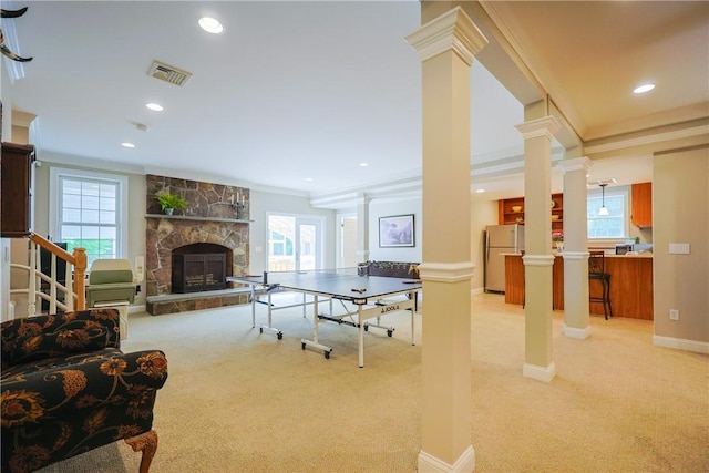 51 Reservoir Rd, Cumberland, RI 02864 - playroom featuring decorative columns, light carpet, ornamental molding, plenty of natural light, and recessed lighting