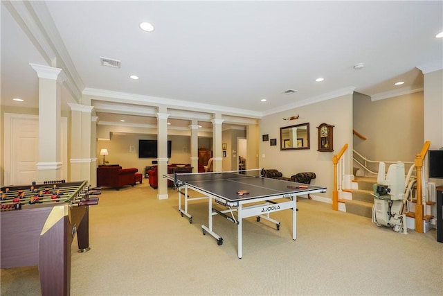 51 Reservoir Rd, Cumberland, RI 02864 - rec room featuring decorative columns, light carpet, crown molding, recessed lighting, and baseboards
