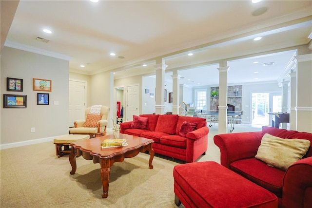51 Reservoir Rd, Cumberland, RI 02864 - living area featuring ornate columns, recessed lighting, crown molding, light colored carpet, and baseboards