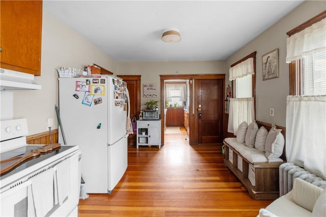 93 Pleasant St, Cranston, RI 02910 - kitchen featuring white appliances, under cabinet range hood, healthy amount of natural light, and light wood-style floors