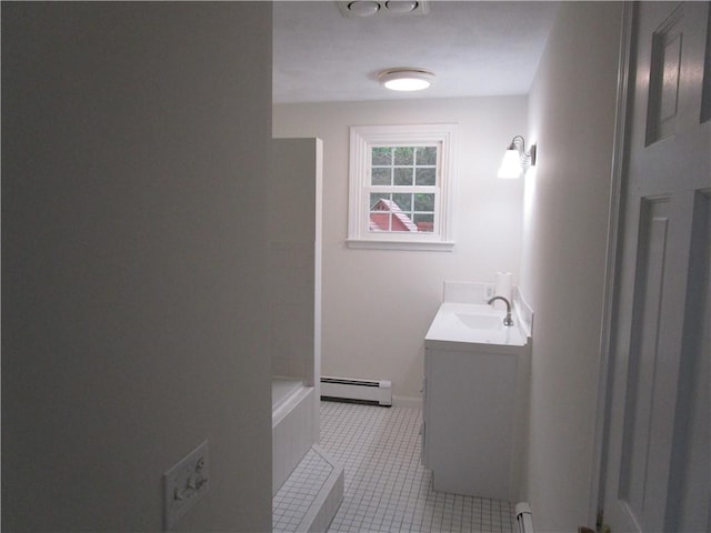 524 Middle Rd, East Greenwich, RI 02818 - bathroom featuring baseboard heating, vanity, tile patterned floors, a bath, and baseboards