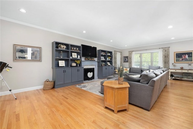 114 Teaberry Dr, Tiverton, RI 02878 - living room featuring ornamental molding, light wood-style flooring, a fireplace, recessed lighting, and baseboards