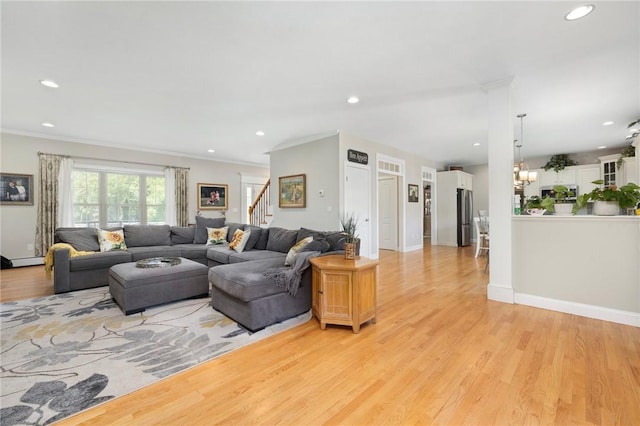 114 Teaberry Dr, Tiverton, RI 02878 - living area featuring stairway, recessed lighting, light wood finished floors, a baseboard radiator, and ornamental molding