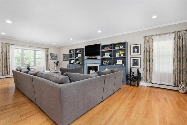 114 Teaberry Dr, Tiverton, RI 02878 - living room with light wood-style flooring, recessed lighting, crown molding, baseboard heating, and a fireplace