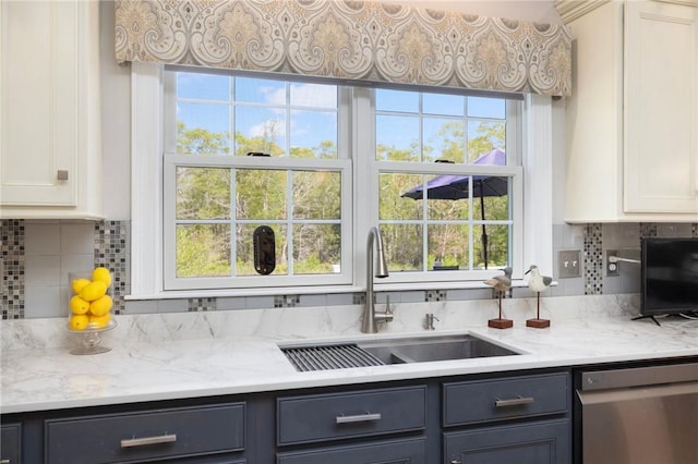 114 Teaberry Dr, Tiverton, RI 02878 - kitchen with stainless steel dishwasher, a sink, gray cabinetry, and decorative backsplash