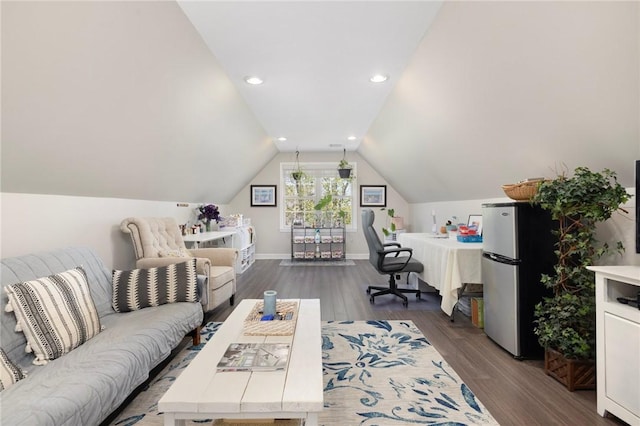 114 Teaberry Dr, Tiverton, RI 02878 - home office featuring lofted ceiling, dark wood-style flooring, baseboards, and recessed lighting