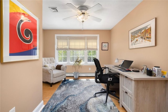 114 Teaberry Dr, Tiverton, RI 02878 - home office featuring light wood finished floors, ceiling fan, a baseboard radiator, and baseboards