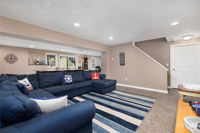 114 Teaberry Dr, Tiverton, RI 02878 - living area featuring recessed lighting, stairs, and baseboards