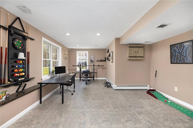 114 Teaberry Dr, Tiverton, RI 02878 - office area featuring baseboards, a baseboard heating unit, and recessed lighting
