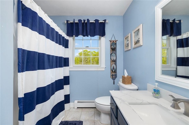114 Teaberry Dr, Tiverton, RI 02878 - bathroom with baseboard heating, toilet, vanity, and curtained shower