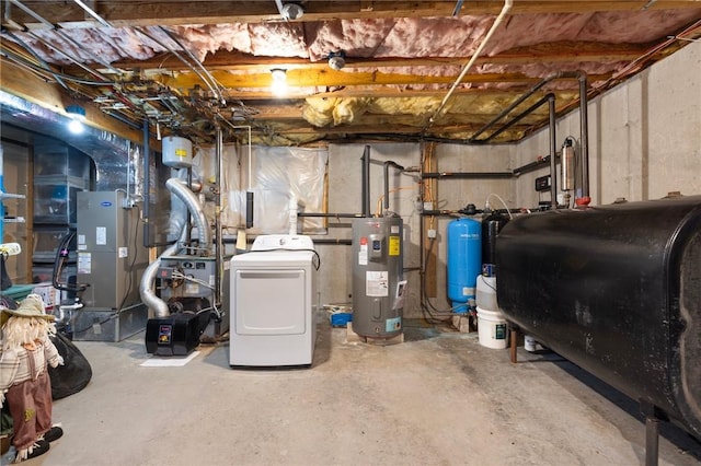 114 Teaberry Dr, Tiverton, RI 02878 - unfinished basement featuring washer / dryer, electric water heater, oil tank, and a water pressure tank
