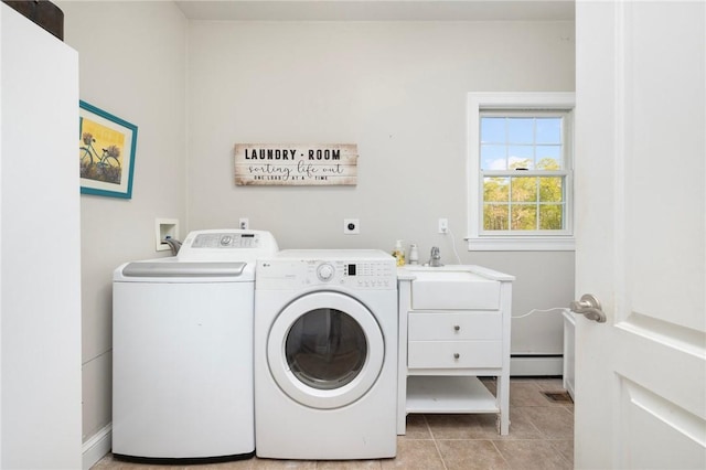 114 Teaberry Dr, Tiverton, RI 02878 - laundry area featuring washing machine and clothes dryer, a baseboard heating unit, and light tile patterned floors
