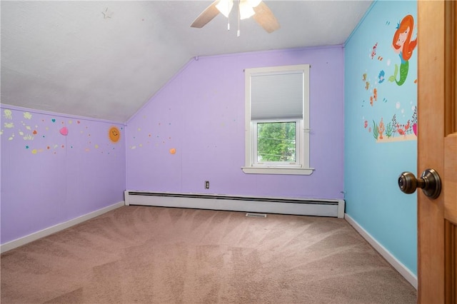 130 Alice Ave, Woonsocket, RI 02895 - additional living space with carpet floors, a baseboard heating unit, vaulted ceiling, a ceiling fan, and baseboards