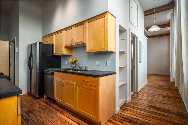 28 Bayley St Unit 304, Pawtucket, RI 02860 - kitchen featuring a sink, stainless steel dishwasher, dark wood finished floors, dark countertops, and beam ceiling