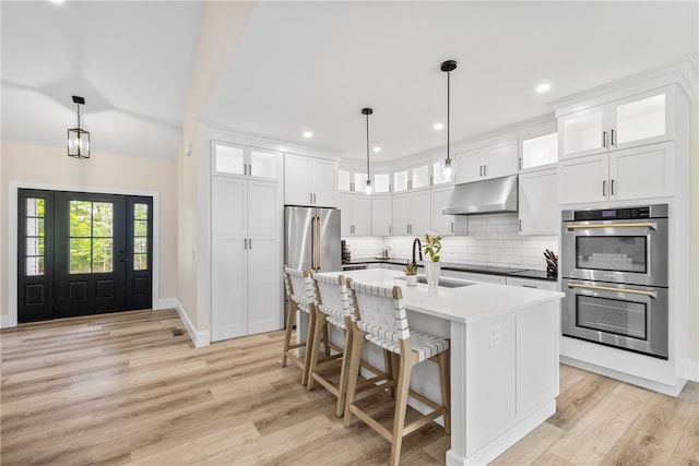 1332 S Rd, South Kingstown, RI 02879 - kitchen featuring appliances with stainless steel finishes, a sink, under cabinet range hood, backsplash, and light wood-style flooring