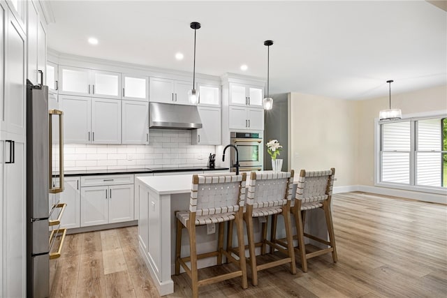 1332 S Rd, South Kingstown, RI 02879 - kitchen featuring under cabinet range hood, stainless steel appliances, light wood-type flooring, tasteful backsplash, and white cabinetry