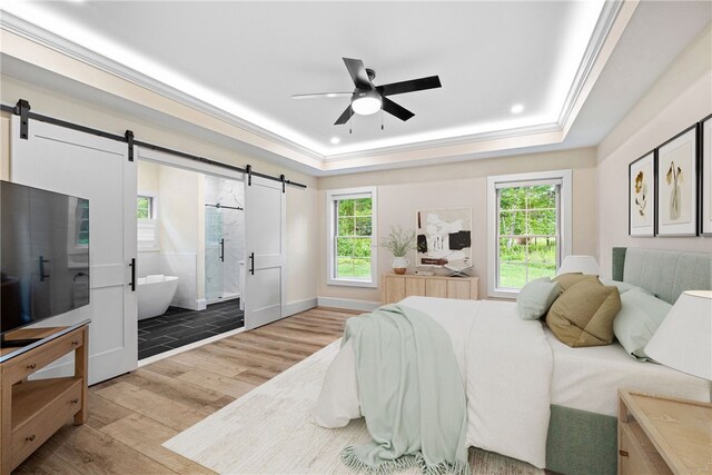 1332 S Rd, South Kingstown, RI 02879 - bedroom with a barn door, wood finished floors, a tray ceiling, multiple windows, and recessed lighting