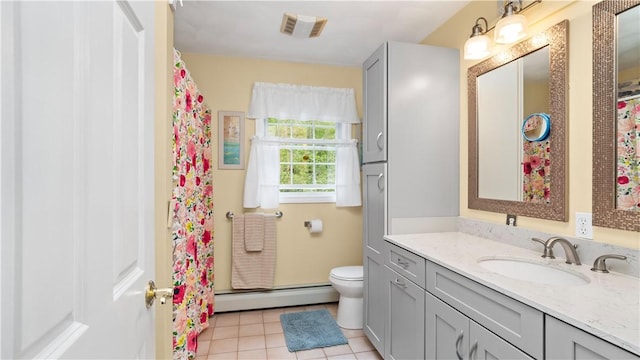 605 Gardner Rd, Exeter, RI 02822 - full bathroom featuring a baseboard radiator, vanity, toilet, tile patterned floors, and curtained shower