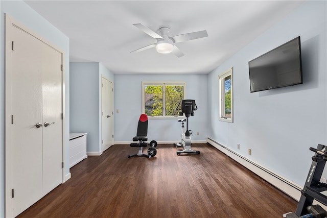 11 Cove Rd, Narragansett, RI 02882 - exercise area featuring baseboard heating, a ceiling fan, wood finished floors, and baseboards