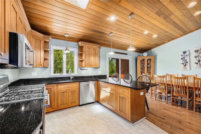 11 Cove Rd, Narragansett, RI 02882 - kitchen with stainless steel appliances, open shelves, a peninsula, a sink, and wooden ceiling