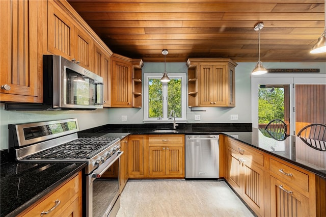 11 Cove Rd, Narragansett, RI 02882 - kitchen featuring stainless steel appliances, open shelves, a sink, wood ceiling, and healthy amount of natural light