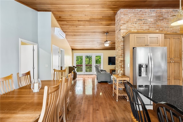11 Cove Rd, Narragansett, RI 02882 - dining room with wooden ceiling, an AC wall unit, ceiling fan, light wood-type flooring, and lofted ceiling