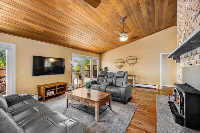 11 Cove Rd, Narragansett, RI 02882 - living room featuring a baseboard heating unit, a ceiling fan, wooden ceiling, plenty of natural light, and lofted ceiling