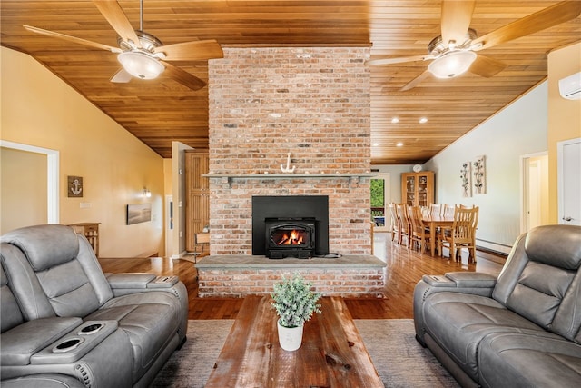 11 Cove Rd, Narragansett, RI 02882 - living room with wood ceiling, ceiling fan, vaulted ceiling, wood finished floors, and a fireplace