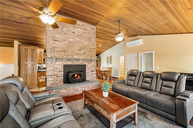 11 Cove Rd, Narragansett, RI 02882 - living area featuring wood ceiling, an AC wall unit, a ceiling fan, vaulted ceiling, and wood finished floors